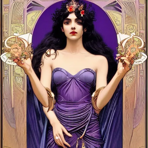 Prompt: an extremely detailed tarot card of an unbelievably beautiful martian goddess with long black hair and purple eyes, long red strapless floor length dress, shinny deep blue high heels, ostentatious and extravagant galla, neoclassical architecture, 4 k, artstation, detailed, realistic, by alphonse mucha and greg rutkowski