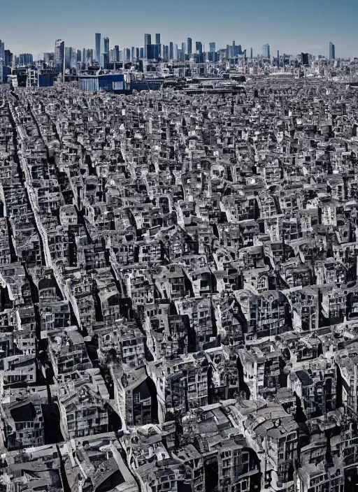 Prompt: a hundred rooftops stretch across a crowded skyline in relentless melt