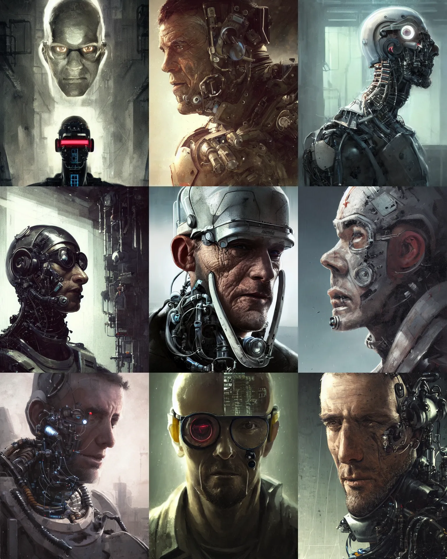 Prompt: a rugged half - masked laboratory scientist man with cybernetic enhancements as seen from a distance, scifi character portrait by greg rutkowski, esuthio, craig mullins, 1 / 4 headshot, cinematic lighting, dystopian scifi gear, gloomy, profile picture, mechanical, cyborg, half robot, implants, dieselpunk