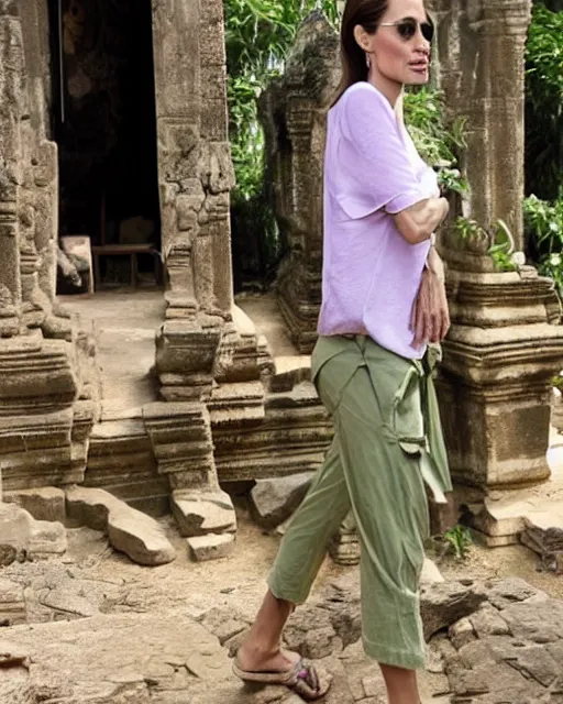 Image similar to angelina jolie visits an ancient temple in cambodia, she is wearing a green long sleeved shirt and cargo pants, photographed in the style of national geographic