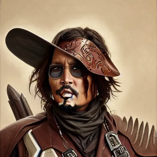 Prompt: Johnny Depp as The Mandalorian, western, D&D, fantasy, intricate, elegant, highly detailed, digital painting, artstation, concept art, matte, sharp focus, illustration, art by Artgerm and Greg Rutkowski and Alphonse Mucha