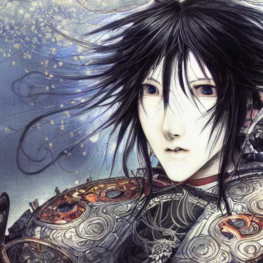 Image similar to yoshitaka amano blurred and dreamy realistic illustration of a phil lamarr with black eyes, wavy white hair fluttering in the wind wearing elden ring armor with engraving, abstract patterns in the background, satoshi kon anime, noisy film grain effect, highly detailed, renaissance oil painting, weird portrait angle, blurred lost edges, three quarter view