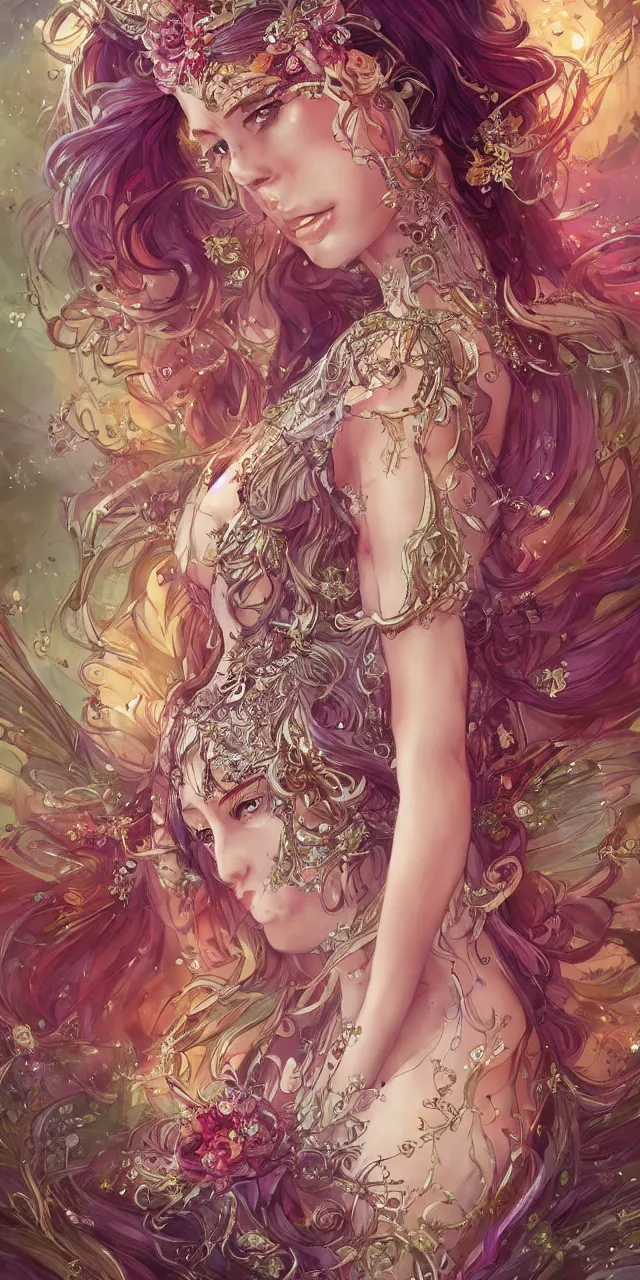 Prompt: full body portrait of a beautiful fairy queen with ornate bejewelled long dress by Anna Dittmann and Rossddraws, digital art, trending on artstation, anime arts, featured on Pixiv, HD,8K, highly detailed, good lighting, beautiful, fairy, epic, masterpiece.