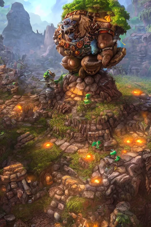 Image similar to zelda fantasy art giant golem troll wood rock greeble gemstone, global illumination ray tracing hdr fanart arstation by sung choi and eric pfeiffer and gabriel garza and casper konefal