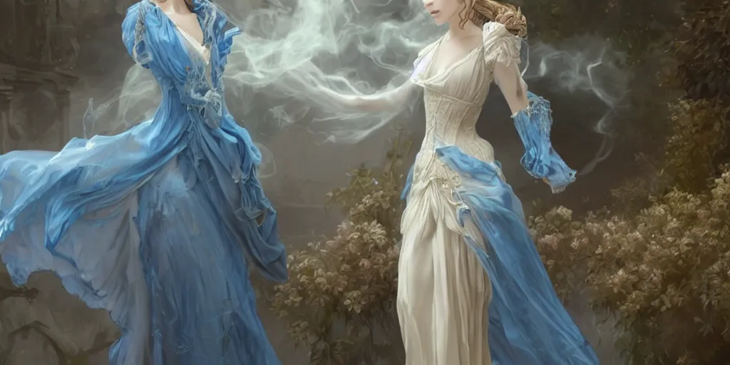 Image similar to lonley lady dressed in a vaporous wrapped large victorian intricate majestic cream roses silk semi-transparent blue and cream dress fashion is running D&D, fantasy, intricate, elegant, highly detailed, digital painting, artstation, concept art, matte, sharp focus, illustration, art by Artgerm and Greg Rutkowski and Alphonse Mucha