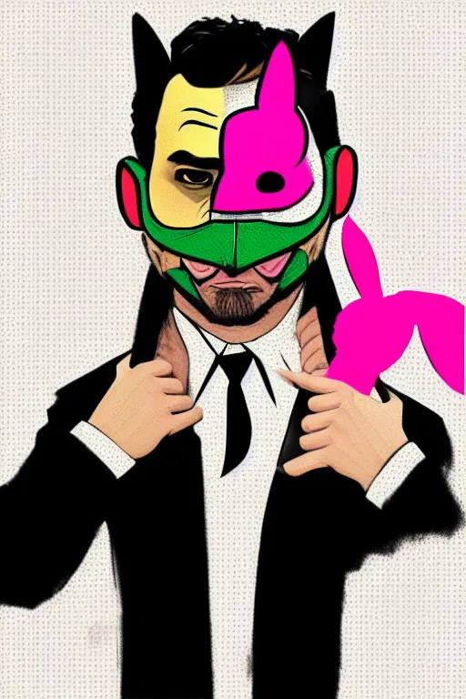 Prompt: man wearing an blouses with a bunny mask with one ear cut off. pop art, pixel, gta vice city art style, face features, body features, ultra realistic details, digital painting, concept art, smooth, sharp focus, illustration, intecrate details, elegant, confident posse, art by mark millar and richard hamilton and mimmo rottela