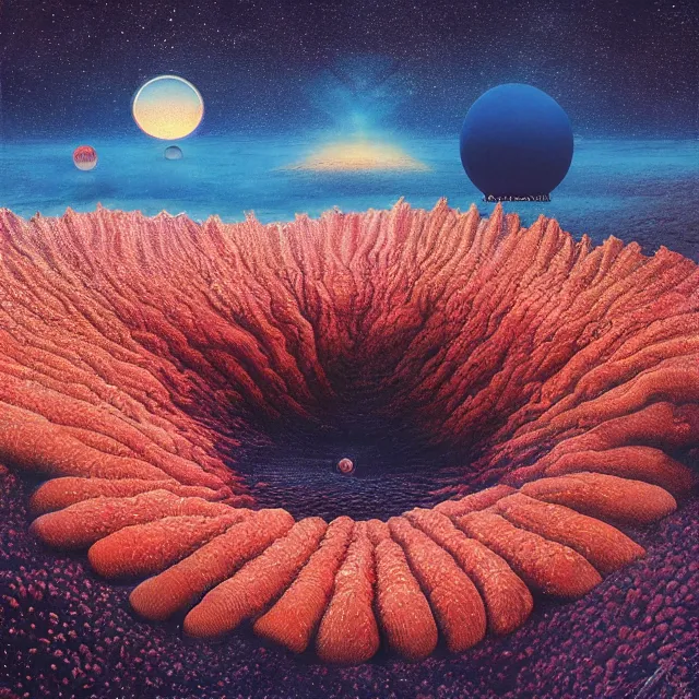 Image similar to album art of an alien landscape made out of different corals and stardust, omni magazine, detailed
