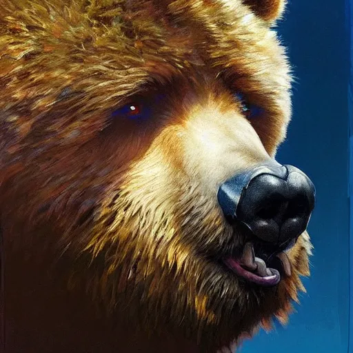 Image similar to 4k headshot portrait of werebear by Craig Mullins, ilya kuvshinov, krenz cushart, epic , artgerm trending on artstation by Edward Hopper and Dan Mumford and WLOP and Rutkovsky, beksinski carl spitzweg moebius and tuomas kocar, intricate artwork by caravaggio, Unreal Engine 5, Lumen, Nanite , intricate face , flawless anime cel animation by Kentaro Miura, psychedelic , highly detailed upper body , professionally post-processed , beautiful, scary, symmetry accurate features, epic, octane rendered, anime masterpiece, accurate