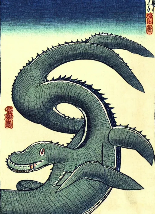 Image similar to the loch ness monster, plesiosaur, as a yokai illustrated by kawanabe kyosai and toriyama sekien