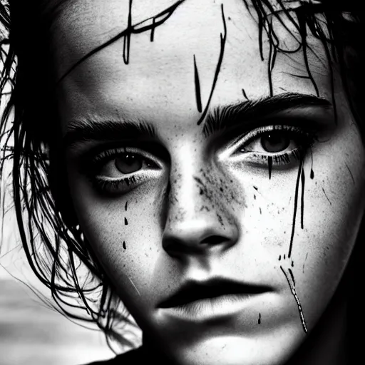 Image similar to Emma Watson, grungy, unkept hair, glowing eyes, modelsociety, wet from rain, radiant skin, huge anime eyes, bright on black, dramatic, studio lighting, perfect face, intricate, Sony a7R IV, symmetric balance, polarizing filter, Photolab, Lightroom, 4K, Dolby Vision, Photography Award