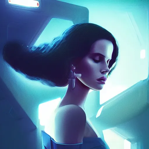 Image similar to portrait of lana del rey as a cyborg. abstract. intricate, elegant, cyberpunk, art by tooth wu, wlop, beeple, dan mumford. octane render, trending on artstation, greg rutkowski ruan jia, cinematic, hyper realism, unreal 4, high detail, octane render, 8 k, key art, iridescent accents