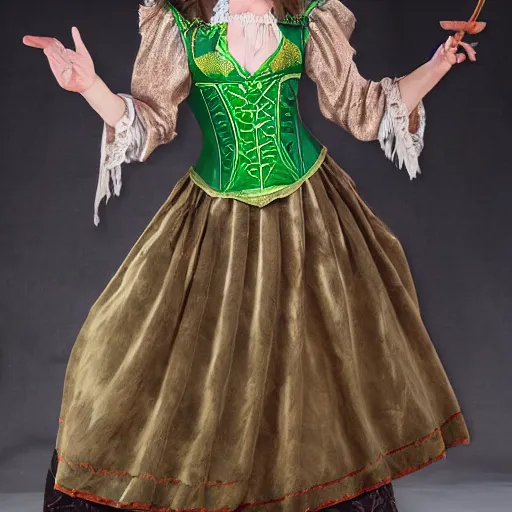 Image similar to western fantasy bard style costume design, green tone