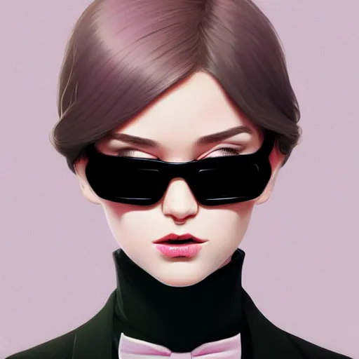 Image similar to rich young female in black tuxedo, scornful, disdainful, muted colors, matte print, pastel colors, 2d, ultra highly detailed, smooth, sharp focus, digital art, digital painting, fan art, elegant, artstation, head is centered, by Ilya Kuvshinov