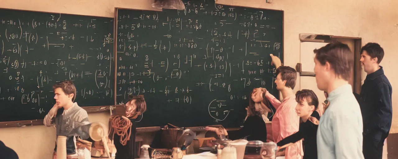 Prompt: mathematicians standing around a chalkboard solving an equation about spaghetti, detailed facial expression, canon 5 0 mm, cinematic lighting, photography, retro, film, kodachrome