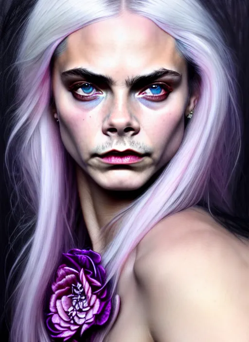 Image similar to Cara Delevigne, white hair, magenta shirt, gentle smile, beautiful detailed eyes, dirty, fantasy, intricate, rough, highly detailed, digital painting, 4k, HDR, concept art, detailed jewelry, smooth, sharp focus, illustration, art by Artgerm, H R Giger and Alphonse Mucha