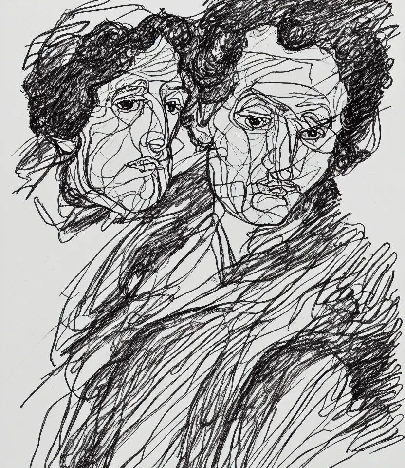 Image similar to line art portrait of wagner inspired by egon schiele. contour lines, twirls and curves, musicality, rapid sketch