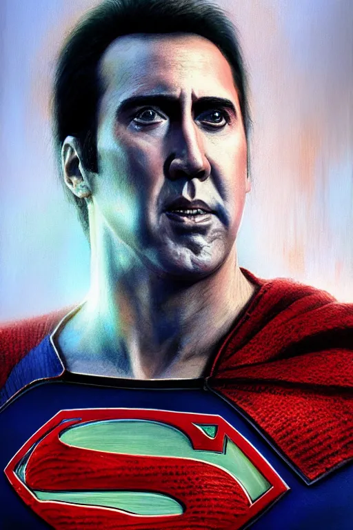 Image similar to Portrait of Nicolas Cage as superman, DC, dark fantasy, intricate, smooth, artstation, painted by Wayne Barlowe, Greg Rutkowski, Zdislav Beksinski