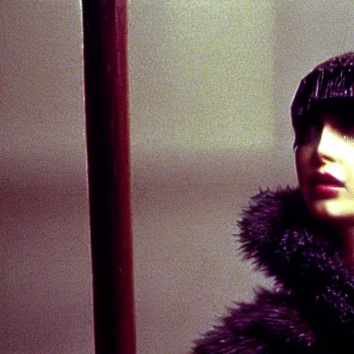 Image similar to cinematic portrait of a runaway replicant with tribal facepaint and a plastic raincoat in an empty room, still from the movie bladerunner