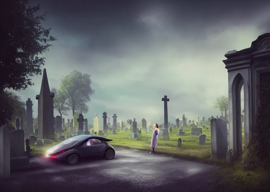 Image similar to a disheveled young woman watches as a car driving down a road next to a medieval cemetery, a digital rendering by michael flohr, inspired by tom bagshaw, instagram contest winner, futurism, matte painting, outrun, terragen