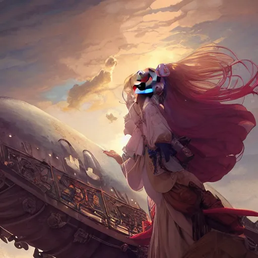 Prompt: character portrait girl of the white herald on an imperial airship, hidari, color page, tankoban, 4 k, tone mapping, sunset, akihiko yoshida & peter mohrbacher & greg rutkowski & artgerm & alphonse mucha