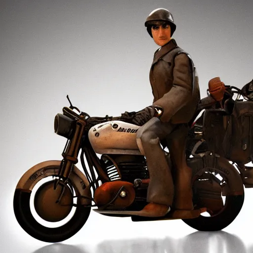 Image similar to Kino riding a Motorrad, Kino no tabi 2003, highly detailed, cinematic lighting, Cinematic wallpaper,