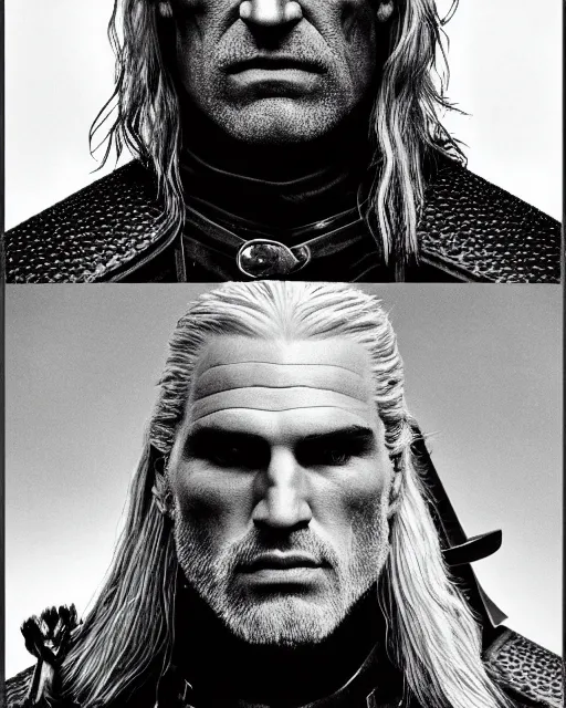 Image similar to portrait of geralt of rivia, 5 5 mm lens, professional photograph, times magazine, serious, stern look