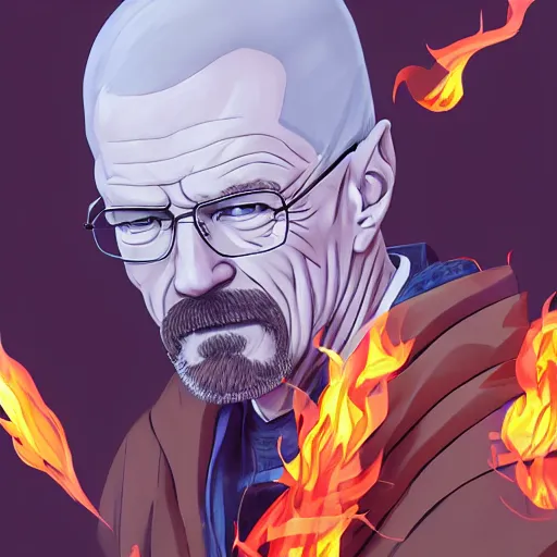 Prompt: portrait of walter white wielding the five elements of magecraft, fire earth water wind void, anime fantasy illustration by tomoyuki yamasaki, kyoto studio, madhouse, ufotable, trending on artstation