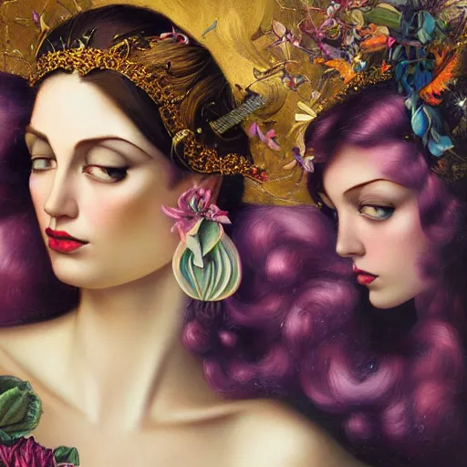 Prompt: dynamic composition, facing forward, blonde woman with hair of spring flowers wearing ornate earrings, ornate gilded details, pastel colors, a surrealist painting by tom bagshaw and jacek yerga and tamara de lempicka and jesse king, wiccan, pre - raphaelite, featured on cgsociety, pop surrealism, surrealist, dramatic lighting