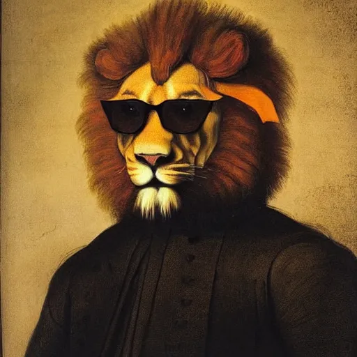 Prompt: portrait of lion and tiger friends. They are in black suits. They have cool dark glasses. painting by rembrandt