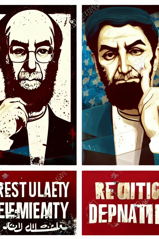 Image similar to khamenei, with quotes : destroy destroy america, pointing index finger, delete duplicating content, hyperrealistic anatomy content, violet polsangi pop art, gta chinatown wars art style, extreme quality masterpiece, bioshock infinite art style, incrinate, 2 color, white frame, content balance proportion