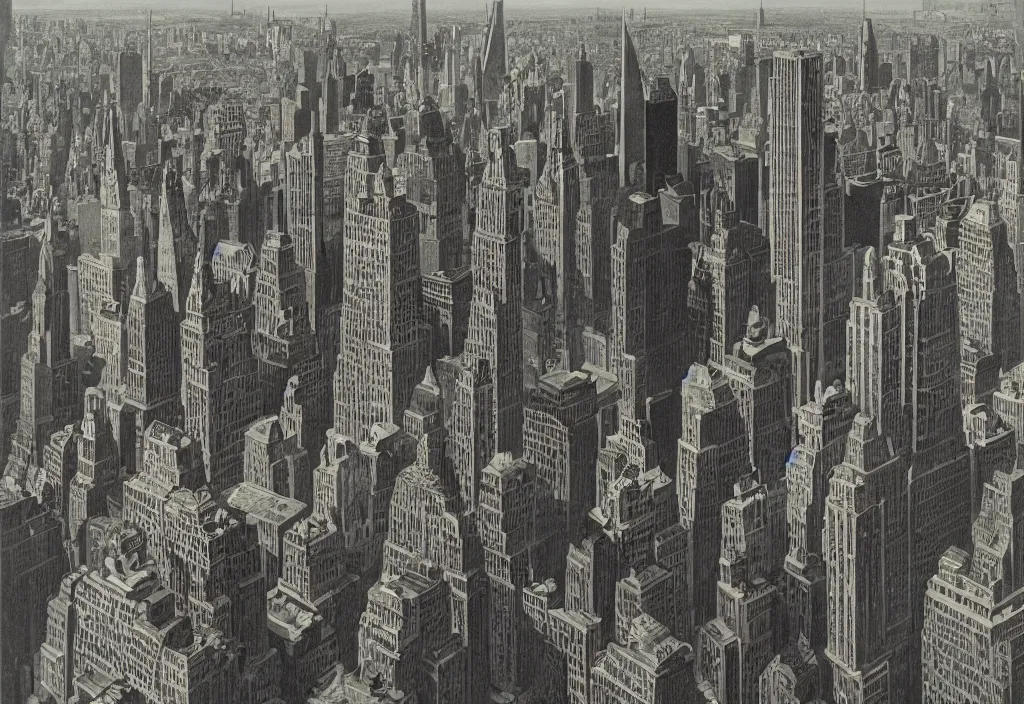 Image similar to Modern New York, high contrast, Ludek Pesek, Rick Guidice, Chesley Bonestell, Lucien Rudaux, Rolf Klep, Fred Freeman, George Pal