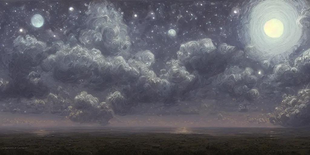 Image similar to the cloudy moonlit sky, landscape art by donato giancola and greg rutkowski, digital art, trending on artstation, symmetry!!, volumetric lighting, hdr, starry night