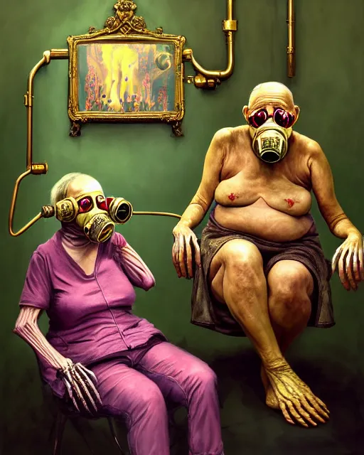 Prompt: Two old people, fleshy bones, wearing gas masks draped in silky gold, green and pink, connected to heart machines, inside a grand, ornate hospital room, they sit next to a fireplace with swirling blue flames, the world is on fire, lost in despair, transhumanist speculative evolution, in the style of Adrian Ghenie, Esao Andrews, Jenny Saville, (((Edward Hopper))), surrealism, dark art, by Mariko Mori