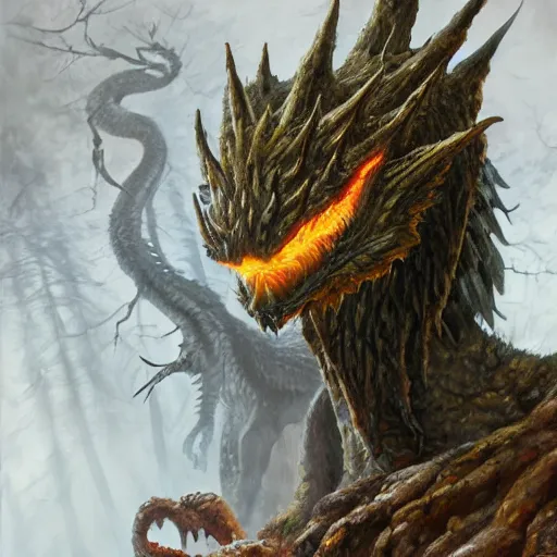 Image similar to oil painting of dragon in cold forest, dnd character, fantasy, magic, realistic textured skin, big lizard head, eagle feather, glowing eyes, clear clean, artgem, boris valejo, goro fujita, frank frazetta, heavy metal style, trending on artstation, digital painting, julie bell, beautiful, very detailed, pixar