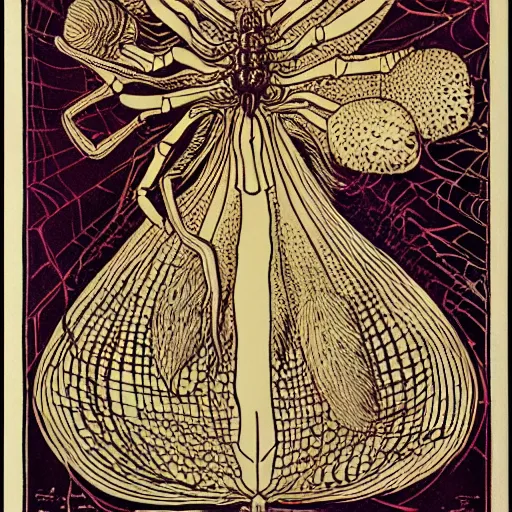 Prompt: a girl with a spider, colored woodcut, poster art, by Mackintosh, art noveau, by Ernst Haeckel