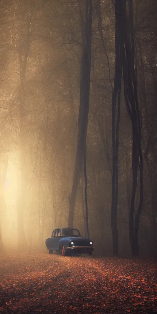 Prompt: deep blue tones!!! old dark car!!!!! with red lights in the woods, dense fog, nighttime!! dark blue tones, gloomy deep blue atmosphere, 8 k, hd, photoreal