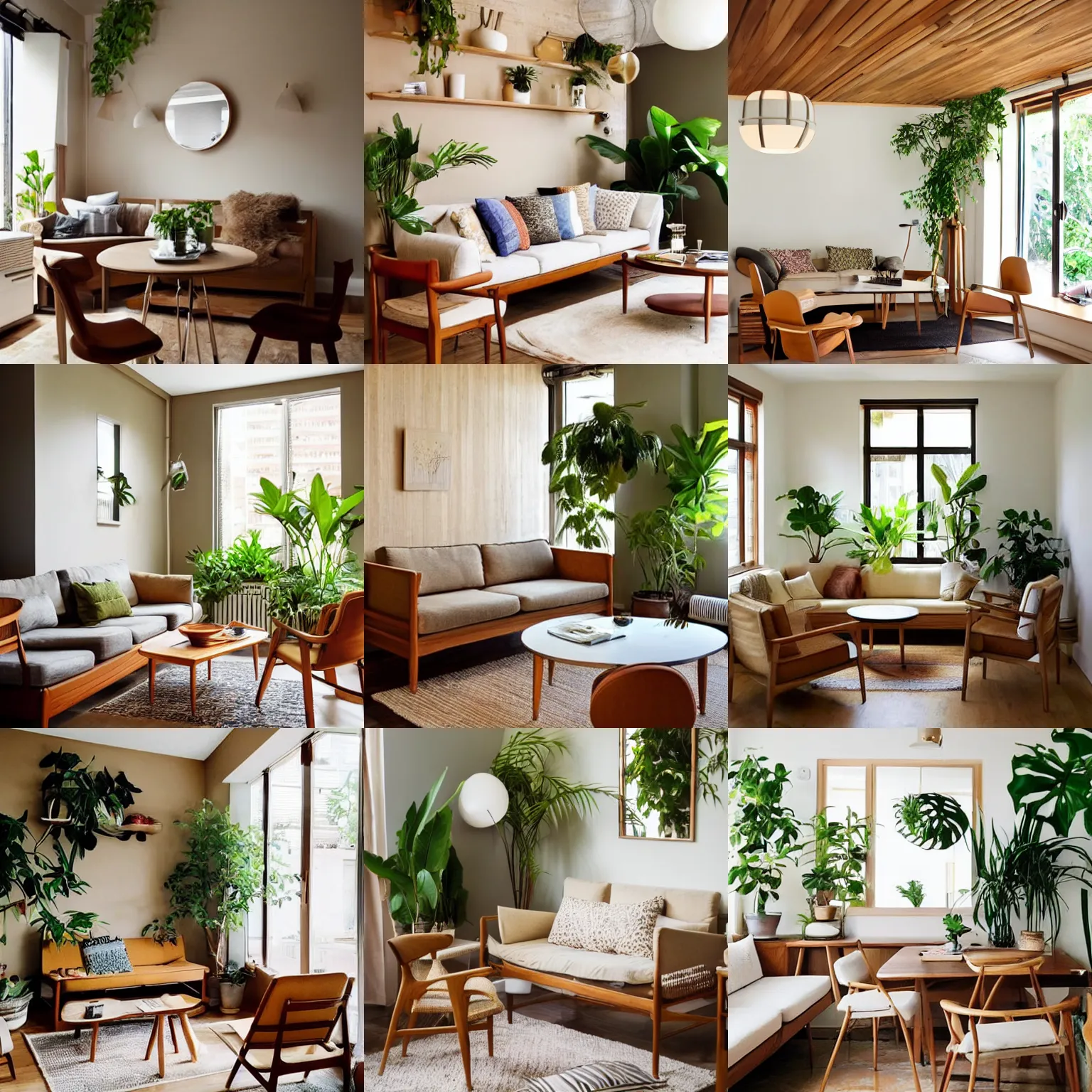 Prompt: living room interior design, sand - colored walls, teak table, japandi, ikea, sunny, warm wood, urban jungle plants, small kitchen table, danish chairs, round mirror on the wall, light - brown wall, mid - century sofa