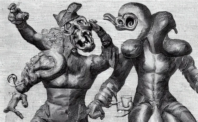 Image similar to anthropomorphic representation of Dall-e 2 fighting anthropomorphic representation of Stable Diffusion