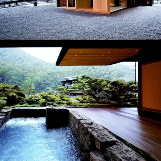 Prompt: “extravagant luxury mountain home, in Hakone, by Tadao Ando, modern rustic, rotenburo, water feature, bonsai”