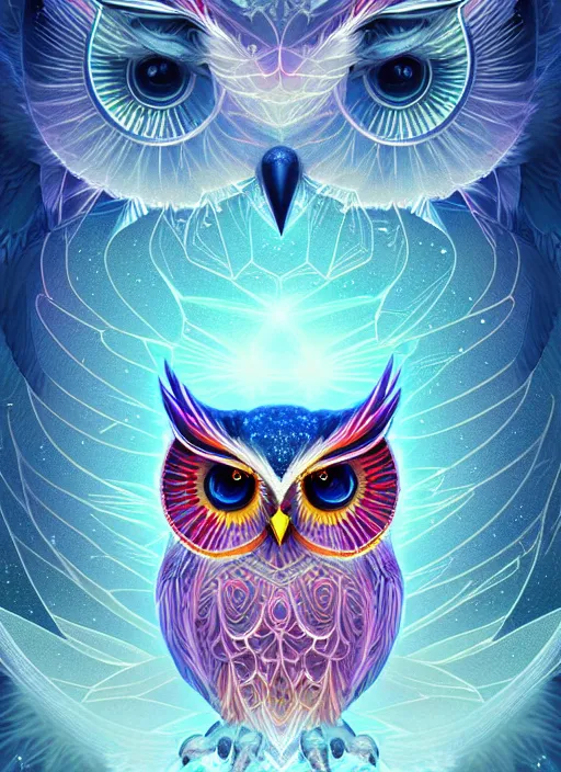 Image similar to symmetry!! product render poster vivid colors divine proportion owl, ice and snow, glowing fog intricate, elegant, highly detailed, digital painting, artstation, concept art, smooth, sharp focus, illustration,