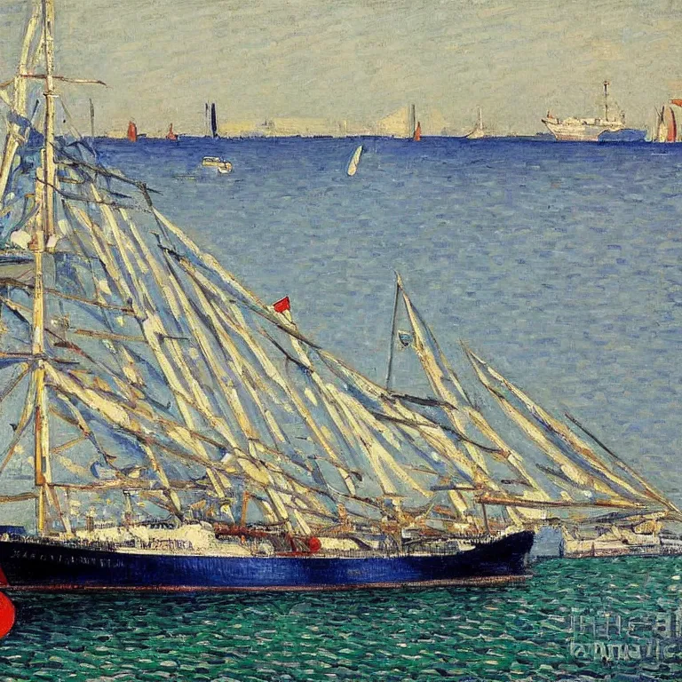 Image similar to a master gouache painting of a big ship docked at the harbor, central composition, shape obvious, sharp focus, very detaied, by gustave caillebottet