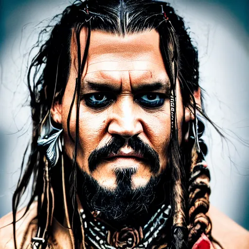 Image similar to portrait of johnny depp as khal drogo from games of thrones, mascular, symmetrical, nikon 3 5 mm photography, ultrarealistic