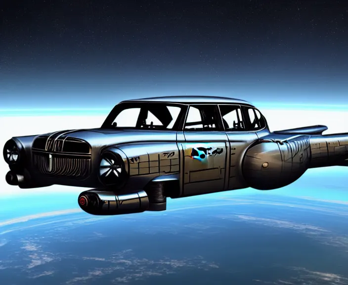 Image similar to russian car volga gaz - 3 1 0 2 fly in space in orbit of the planet earth, hyper detailed, hight detailed, futuristic, ultra realistic, cyberpunk, steampunk, no blur, 8 k