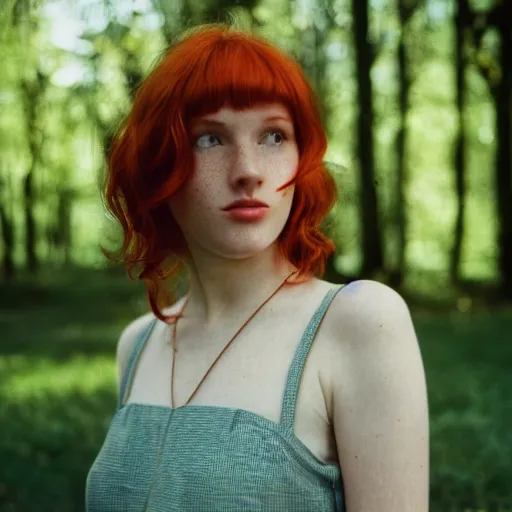 Prompt: Cute redhead girl with freckles, sunlight filtering through leaves, still from a film, Panavision C Series Anamorphic Lenses, Eastman Color Negative II 100T 5247/7247 Film