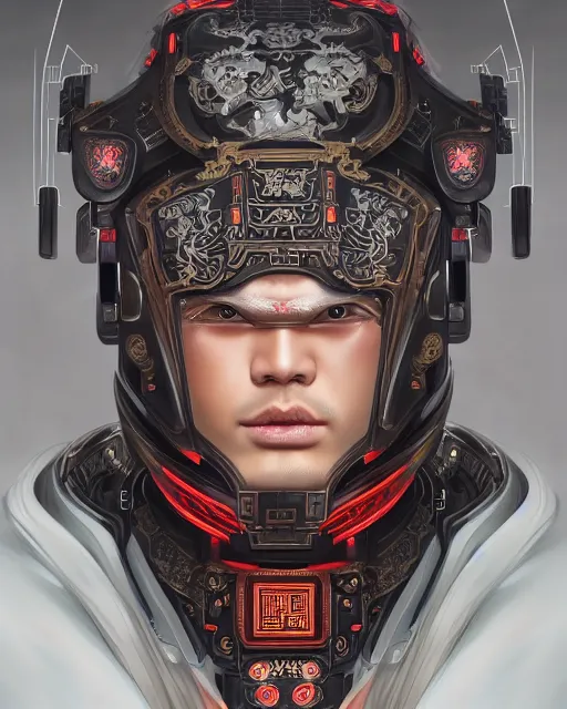 Image similar to portrait of a masculine male cyberpunk machine, machine face, upper half portrait, decorated with chinese opera motifs, asian, fine china, wuxia, traditional chinese art, intricate, elegant, highly detailed, symmetry, headpiece, digital painting, artstation concept art smooth sharp focus, illustration, art by artgerm and greg rutkowski alphonse mucha 8 k