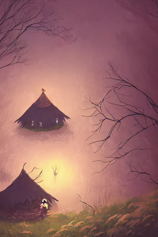 Prompt: a lonely witch's hut in a clearing in the forest on which a giant spaghetti monster is approaching, top view rule of thirds golden ratio, fake detail, trending pixiv fanbox, acrylic palette knife, style of makoto shinkai studio ghibli genshin impact james gilleard greg rutkowski chiho aoshima