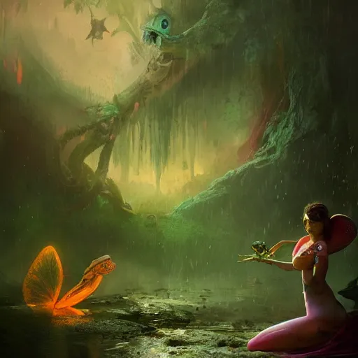 Prompt: scary godlike colorful fairy killing a frog , petite , upper body , epic , traditional makeup , gorgeous features , Post-processing , low angle , Greg rutkowski legendary matte painting , psychedelic , masterpiece