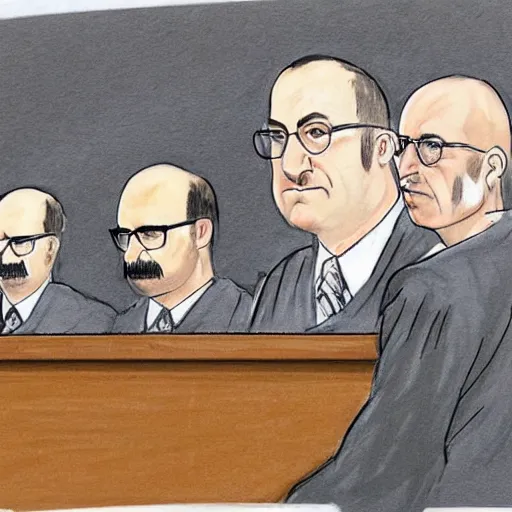 Prompt: court sketch of guilty prison jumpsuit wearing bob odenkirk with trimmed mustache, wearing glasses, being cross - examined by lawyer during trial, david cross as judge, sketch by marilyn church