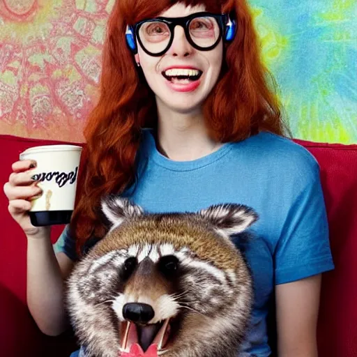 Image similar to a stunning hyper-detailed portrait photo of a beautiful smiling bespectacled woman with long auburn hair and bangs, wearing a tie-dye t-shirt, wearing steampunk headphones and posing with her raccoons and parrots in an overstuffed easy chair in her sunlit living room, holding a coffee cup and a donut and smoking an elaborate hookah, perfect eyes, octane render, unreal engine, 85 mm lens,