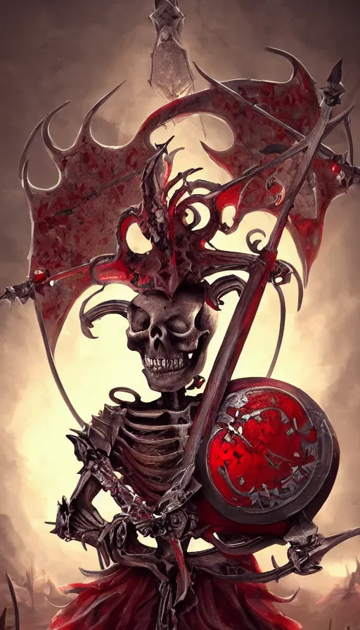 Prompt: a skeleton holding a sword and shield, fantasy digital art, concept art, artstation trending, surrounded by red tentacles, photorealistic, cinematic lighting